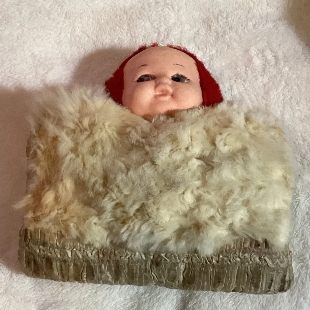 Vintage Creepy Looking Child's Hand Warmer with a Doll Head Attached